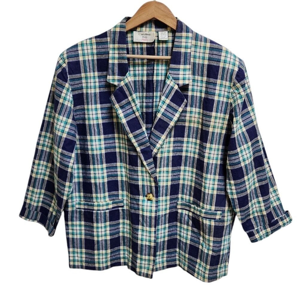 Carolina Bay Blazer Womens 18W Ramie Cotton Blue Green Plaid Button Vent Preppy